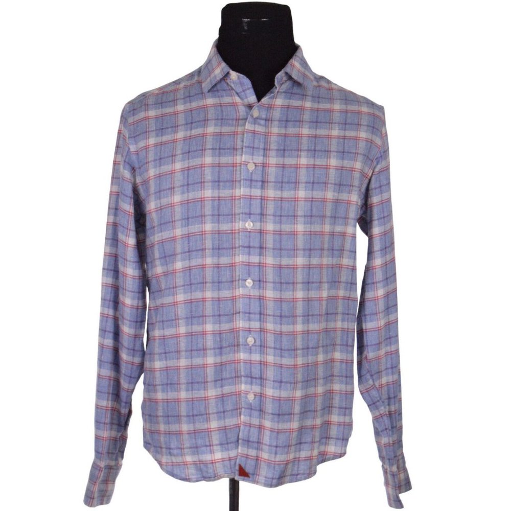 UNTUCKit Mens Shirt M Slim Fit Blue White Red Check Wrinkle Resistant 100% Linen